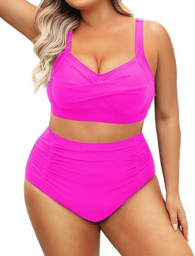 Daci Women's Plus Size Bikini Sets - High Waisted Two-Piece Swimsuits with Tummy Control, Pink 18W