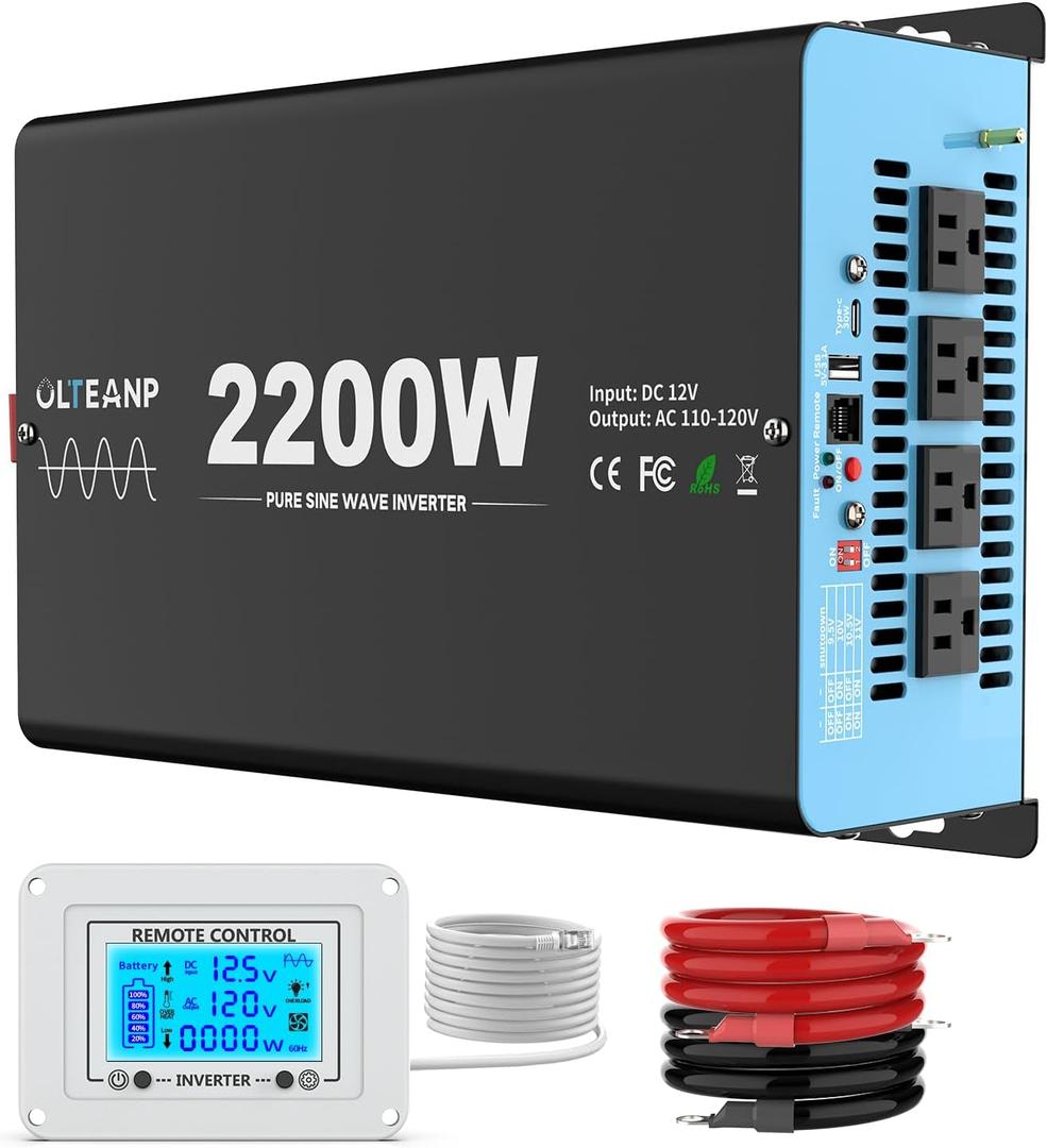 2200 Watts Pure Sine Wave Inverter 12V DC to 110V AC, 4400W Peak Power, 4 AC Outlets, USB & Type-C Port, Adjustable Input for Lithium Battery, RV/Truck/Boat/Solar Backup with LCD Remote (Blue)