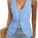 Tankaneo Womens Scoop Neck Blazer Vest Summer Linen Sleeveless Fitted Waistcoat Work Casual Cotton Suit Tops, 2XL