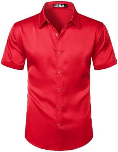 ZEROYAA Men's Hipster Shiny Silk Satin Shirt Regular Fit Short Sleeve Casual Button Down Dress Shirts for Summer Party Medium
