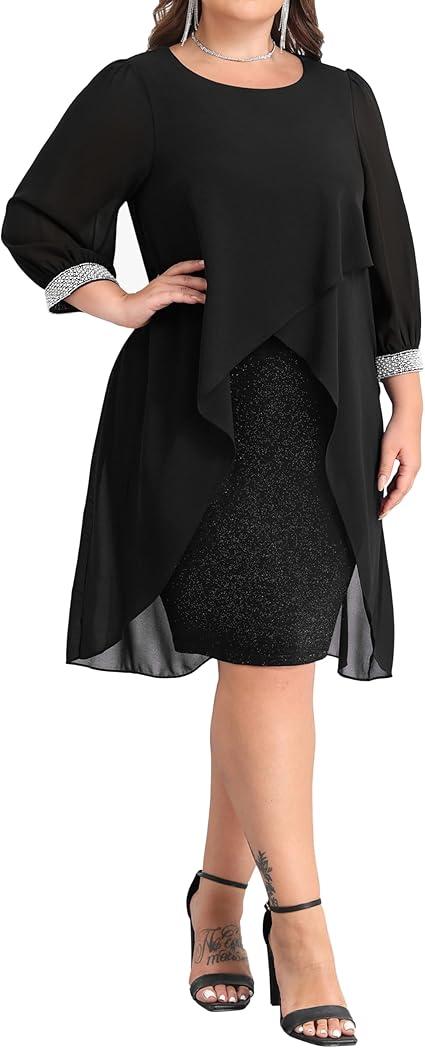 Plus Size Cocktail Dress - Elegant Chiffon Cape 3/4 Sleeves Glitter Evening Party Wedding Guest Dresses Women Formal 16 W, Bl