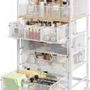 Hongtamoya Makeup Cart Organizer with 4 Drawers, Large Floor Skincare Organizers, Vanity Storage Organizer Cosmetics Display Cases for Skin Care Perfume Nail Polish, White