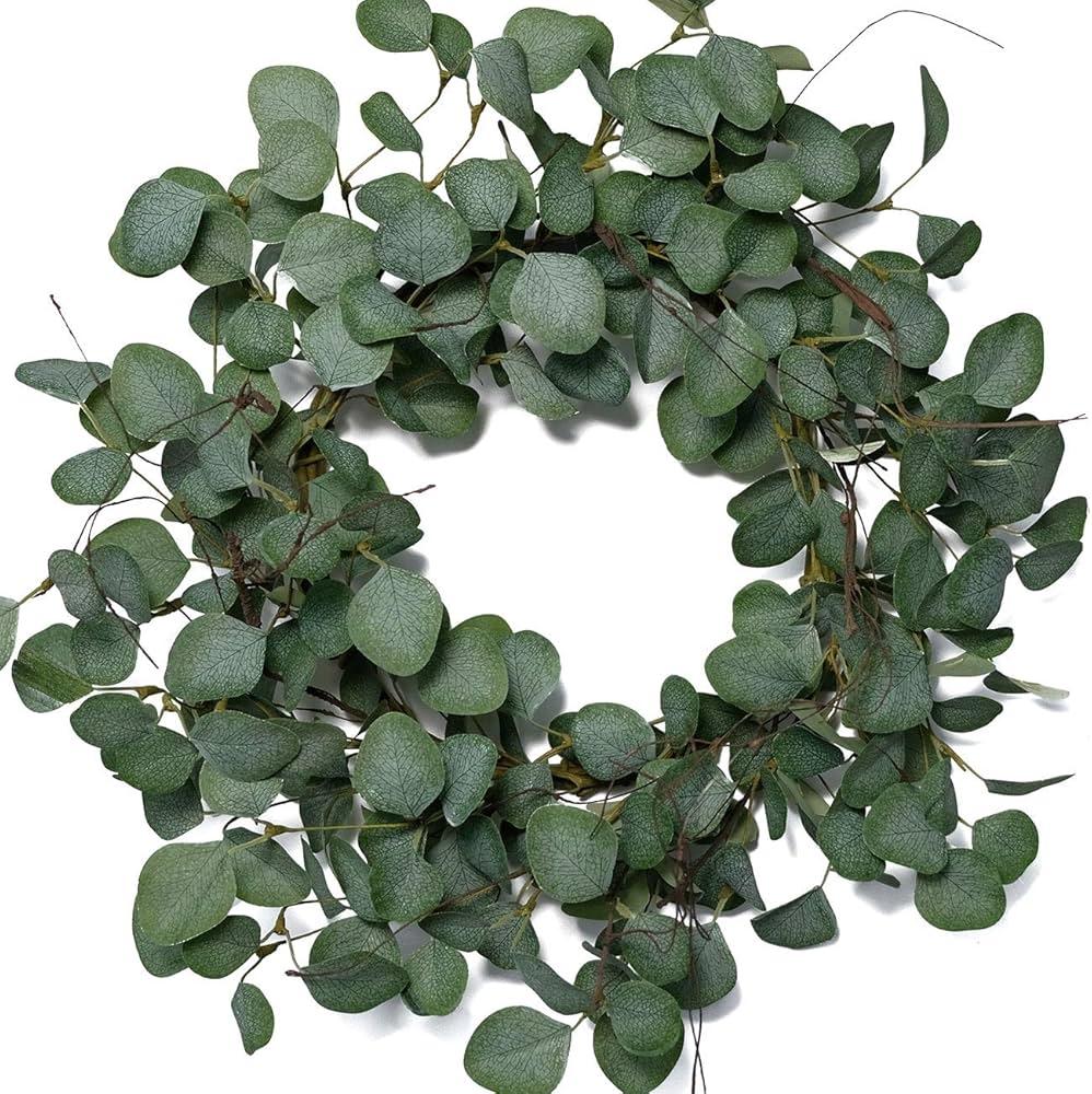 Eucalyptus Leaves Wreath Metal Polyester Green Wreath 19 Inches for The Front Door Décor, 1 Pack