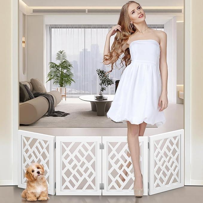 CutOut Design 16" Short Dog Gate for Small Dogs, Foldable Retractable Puppy Gate Indoor  Freestanding Lightweight Pet Barrier for Doorways, Stairs, Hallways (Extends to 41", White)