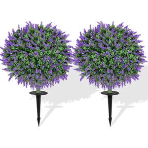 Artificial Boxwood Topiary Balls with Lavender  Set of 2 UV-Resistant 23" Fake Shrubs with Ground Spikes, Faux Evergreen Decorative Plants for Outdoor Indoor Porch Patio Garden
