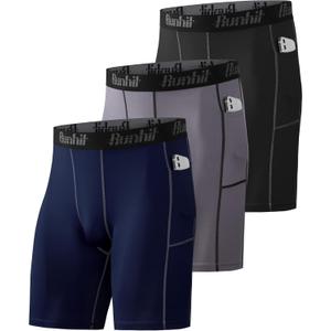 Runhit Compression Shorts Men Underwear Spandex Running Shorts Workout Athletic (Medium, 3 Pack With Pocket:black,grey,navy)