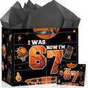6 7 Birthday Decorations Gift Bag 6 7 Meme Basketball Favor Bag with Tissue Paper Card I was 6 Now I'm 7 Year Old Decorations for Boys Basketball Grow up Party 7 Years Old Birthday Party Supplies