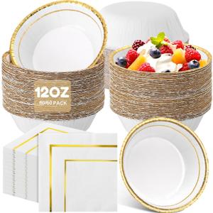 Newtay 120 Pcs 12 oz Paper Bowls with Gold Rim and White Napkin with Gold Rim Disposable Paper Tureen Bulk Party Decor for Weddings Parties Dinners Baby Shower Birthday Supply