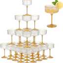 36PCS Plastic Ribbed Martini Glasses, 10oz Disposable Champagne Coupe Glasses with Golden Rim and Stem, Detachable Creative Transparent Striped Vintage Cups Reusable for Wedding Party Supplies