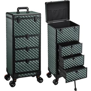 Yueieoun Nail Trolley Cart with 3 Drawers, Salon Station Cosmetology Case on Wheels Rolling Makeup Train Case Nail Case Organizer Beauty Salon Travel Case for Nailart, SPA, Hairstylist,Artist, Dark Green