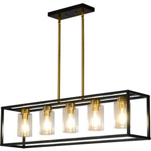 XILICON Brushed Brass+Black l Dining Room Chandeliers Lighting Fixture Linear Pendant Modern 5-Light with Glass Shades Vintage Farmhouse Ceiling Light Hanging for Kitchen Island Cafe Bar