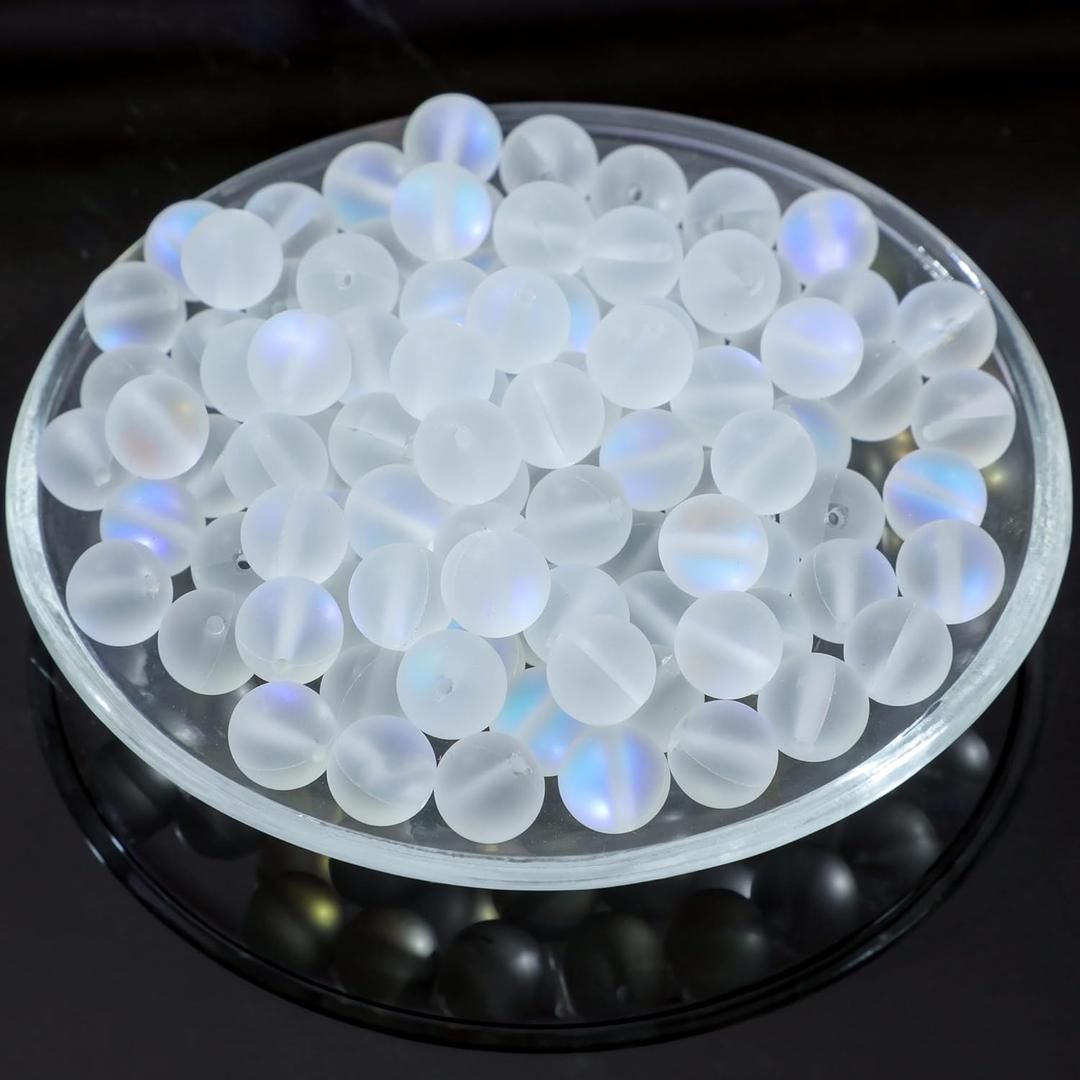 100Pcs Moonstone Matte Iridescent Glass Beads Mermaid Aurora Frosted Glitter Beads for Bracelets DIY Jewelry Making (8MM, Matte White) (8MM, Matte White)