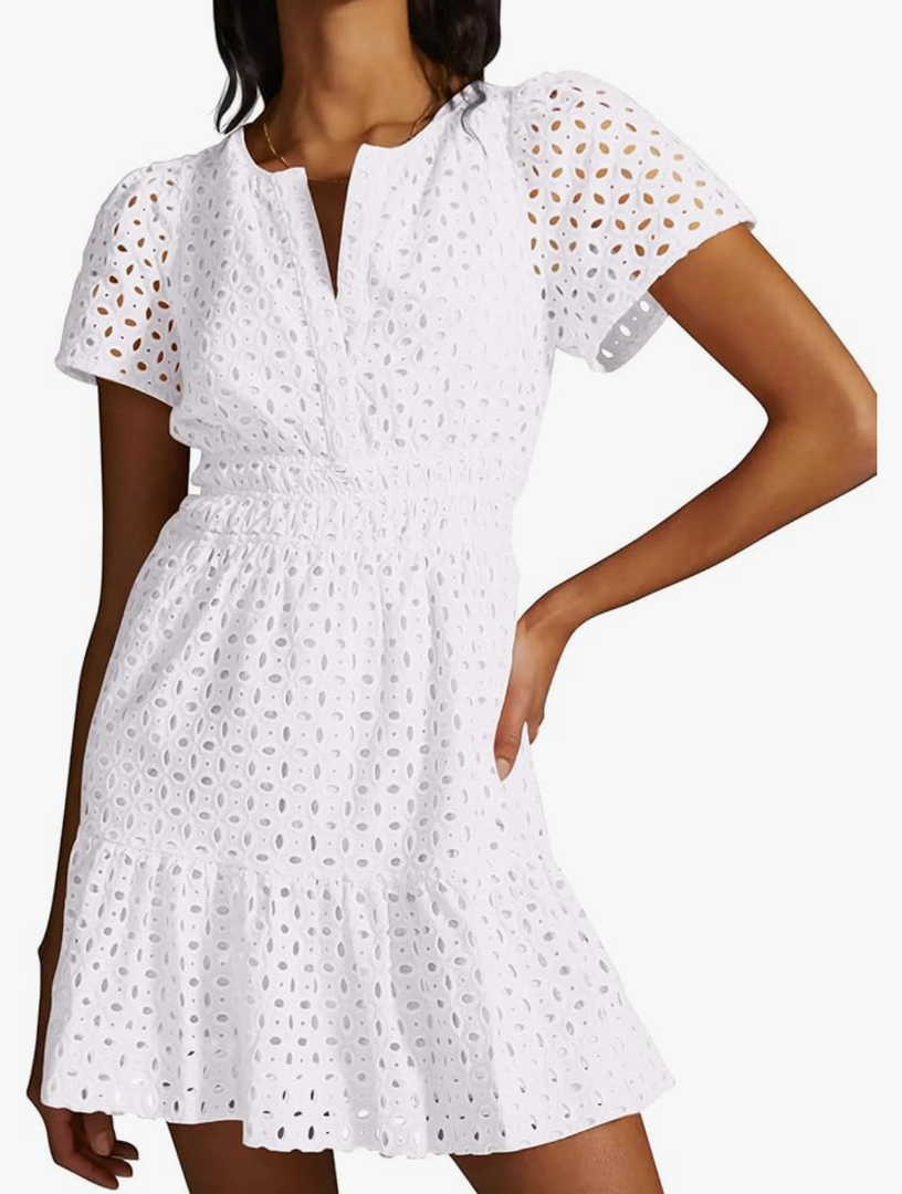 Women's 2024 Summer Short Sleeve Dress V Neck A Line Hollow Out Short Dress Cute Casual Beach Party Cocktail Dresses Medium