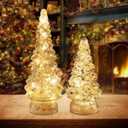 PHITRIC Christmas Decorations Indoor, 2 PCS Sparkling Glass Christmas Tree Table Decorations with LED Lights, Lighted Xmas Tree Decorations with Timer for Home Mantel Shelf Table Decor (Silver)