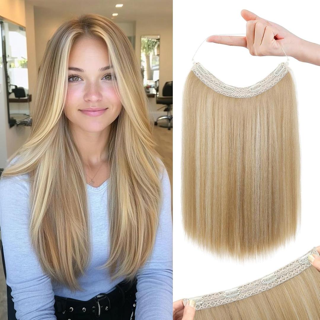 REECHO 16" Invisible Wire Hair Extensions with Thinner Softer Lace Weft Adjustable Size Removable Secure Clips in Short Straight Secret Hairpiece for Women - Golden Blonde with Highlights