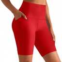 8'' Biker Shorts Women with Pockets - High Waisted Tummy Control Yoga Workout Running Gym Spandex Shorts, Red, Medium