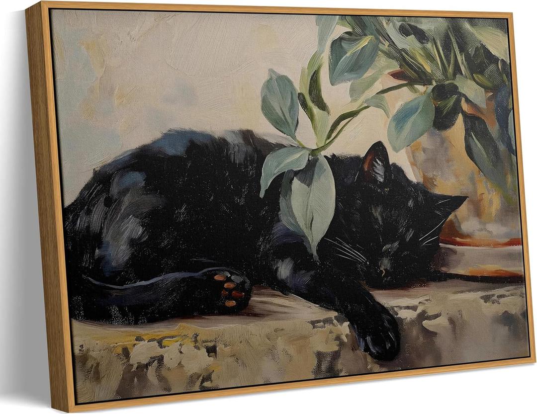 Framed Vintage Black Cat Canvas Wall Art, Retro Sleeping Black Cat with Green Plant Painting Wall Decor Vintage Cute Animal Picture Prints Rustic Aesthetic Home Decor for Living Room Bedroom 12x16