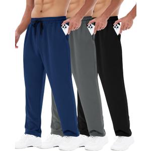 3 Pack Mens Sweatpants with Pockets - Mesh Open Bottom Athletic Joggers for Men Loose Fit Gym Workout Running Casual Pants L