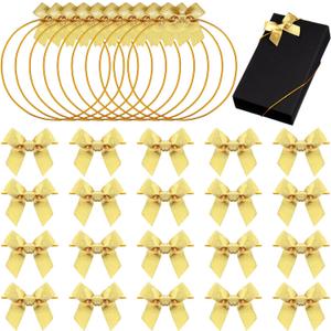 Windyun 60 Pcs Elastic Bows for Gift Boxes Wrapping 15.74 Inches Valentine's Stretch Elastic Loops with Ribbon Bows Crafts Wrapping Rope for Valentine's Gifts Weddings Party Favors (Gold)