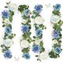 Eucalyptus Garland with Flowers - 2 Pack 5.9 FT Artificial Flower Garland with Butterflies Faux Rose Greenery Garlands for Backdrop Wedding Arch Centerpieces Decorations - Dusty Blue & White