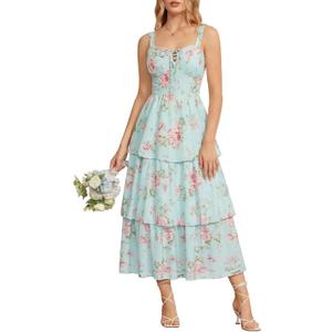 Scarlet Darkness Milkmaid Corset Dress for Women Summer Wedding Guest Dresses Cocktail Floral Sundress with Pockets (6, Blue Pink Floral)