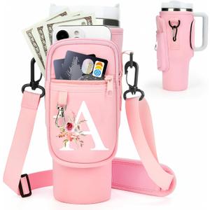 Initial Water Bottle Holder with Strap for Stanley 40 oz Tumbler/Simple Modern 40 oz Tumbler,Water Bottle Carrier Bag with Strap,Personalized A-Z Phone Pocket for Stanley Cup Accessories (Pink)