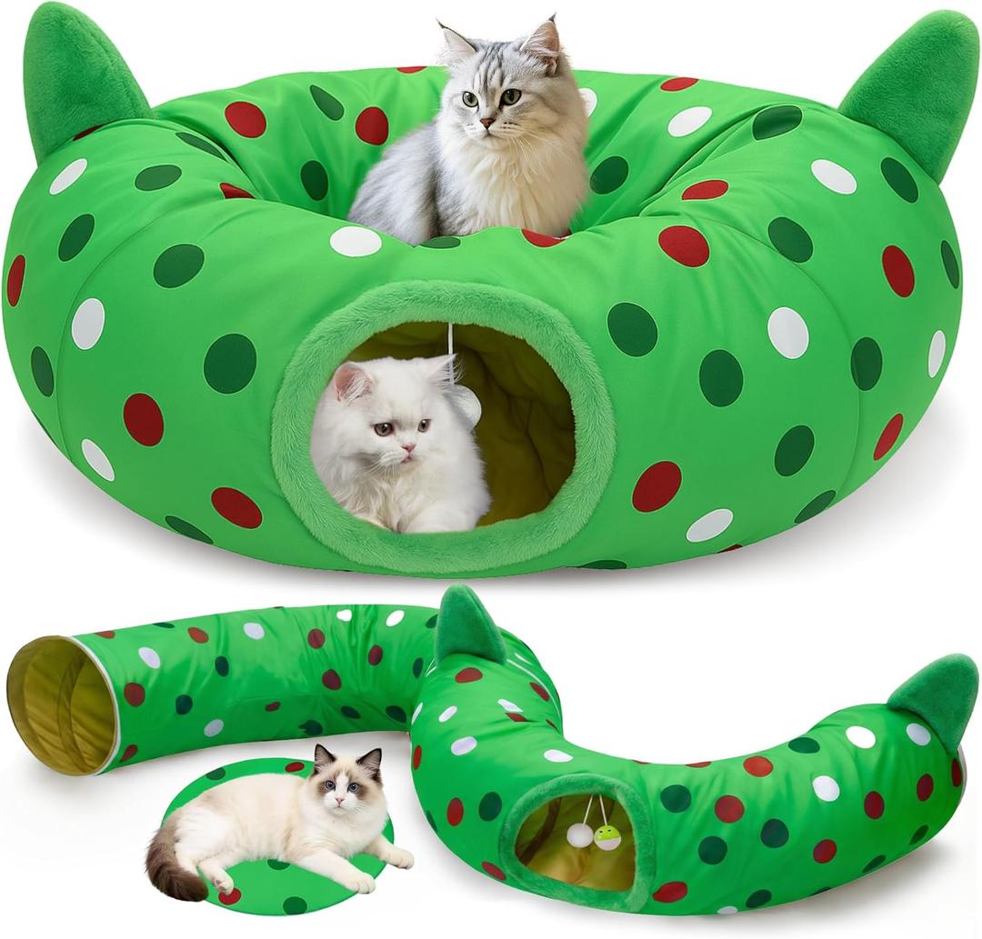 Cat Tunnel Christmas Tree Skirt, 3ft x 3ft x 9.8in Cat Tunnels for Indoor Cats, Grinch Cat Tunnel Bed with Hanging Ball and Cat Ears, Kitten Toys for Indoor Kittens Puppy Rabbit Ferret (Green)
