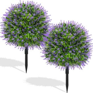 Der Rose 21" Artificial Lavender Topiary Ball Trees with Ground Spike Set of 2 Outdoor Artificial Plants UV Resistant Artificial Shrubs Fake Bushes for Front Porch Garden Decor