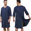 Soft Elastic Men's Hospital Gown with Shoulder Snaps, Waist Drawstring, Side Pockets, Patient Gown for Men