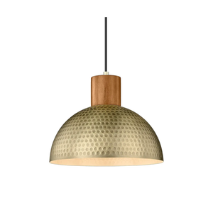 ELYONA Vintage Pendant Light Fixtures, 12” Brushed Brass Hammered Metal & Rubber Wood Industrial Dome Hanging Lamp, Antique Gold Kitchen Pendant Light for Island, Farmhouse, Sink, Dining Room, Hallway