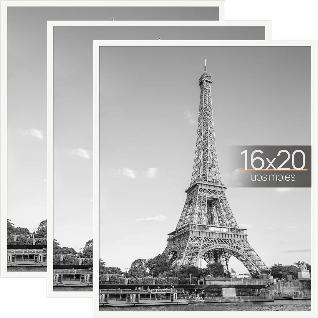 Upsimples 16x20 Picture Frame White 3 Pack, Scratch-Proof Poster Frames 16 x 20 for Photo Gallery - Slide-In Strips, Horizontal or Vertical Wall Mounting
