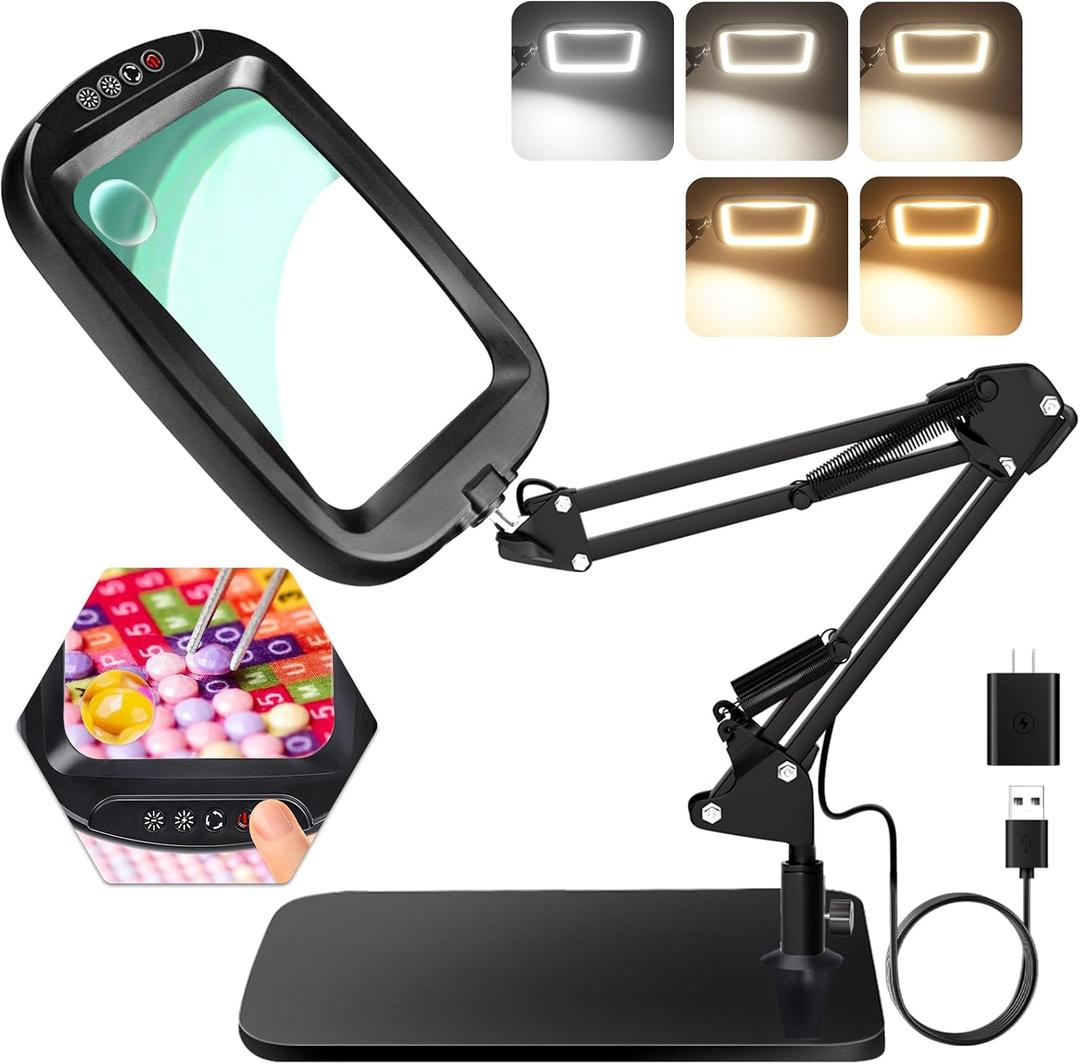 10X 30X Extra Large Magnifying Glass with Light and Stand,7-inch Lighted Magnifier,5 Color Modes Stepless Dimmable,Rectangle Hands-Free Magnifying Glass Desk Lamp for Reading Craft Hobby Close Work LB