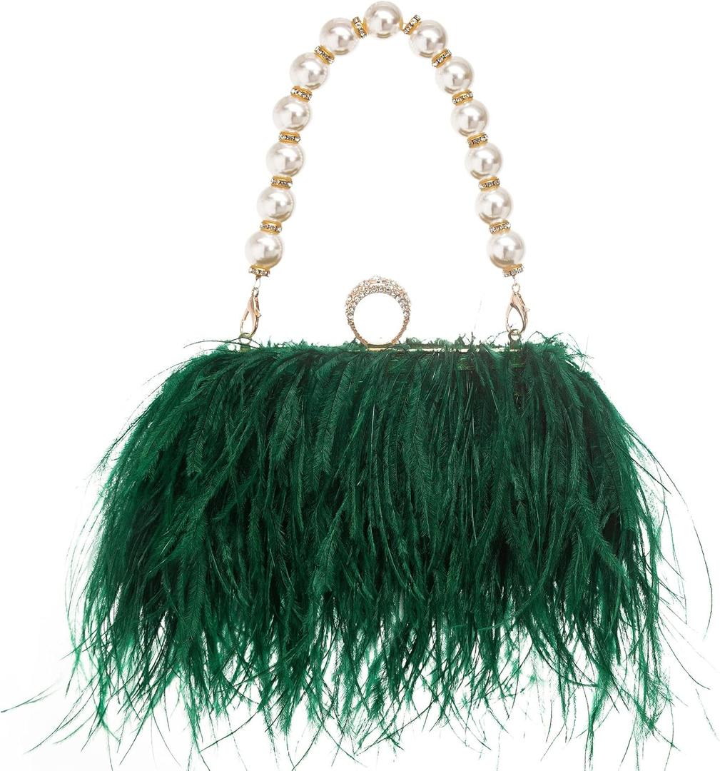 Women Real Natural Ostrich Feather Evening Bags Purses Clutch Vintage Banquet Handbag (Darkgreen)