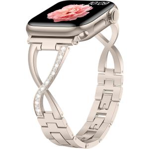 Metal Bands Compatible with Apple Watch Band for Women 38mm 40mm 41mm 42mm 44mm 45mm 46mm 49mm, Bling Dressy X-Shape Bracelet for iWatch Ultra SE Series 11 10 9 8 7 6 5 4 3 (Starlight)