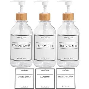 Shampoo and Conditioner Dispenser-Set of 3-16 oz Reusable Pump Bottle Dispenser for Bathroom with 6 Waterproof Stickers - Empty Plastic Refillable Containers for Shower (Clear-6 Regular Font Labels)