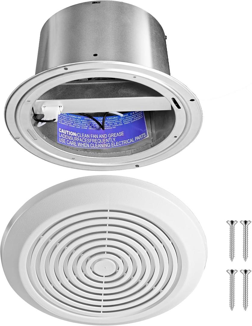 V2262-50 7 Inch Bathroom Exhaust Fan, 50 CFM Quiet Ceiling Vent Fan, 1.0 Sones Low Noise Extractor for 8" Opening, Through Wall Exhaust fan for Home, Bathroom, Laundry and Garage