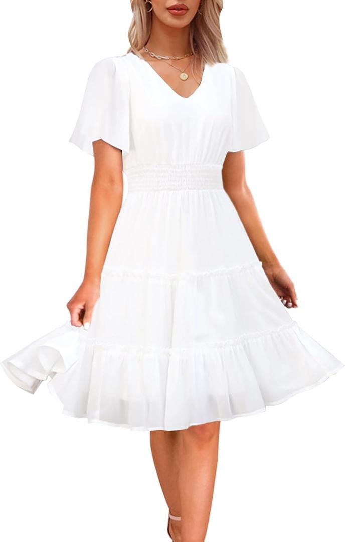 Zattcas Women 2024 Spring Summer Dress Chiffon Short Sleeve V Neck Smocked Casual Flowy A Line Boho Tiered Modest Teacher Work Vacation Midi Dress White XL