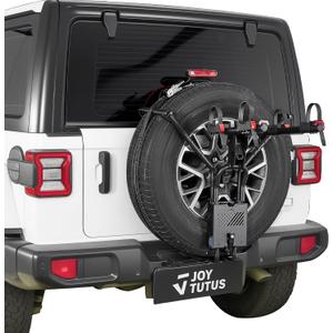 JOYTUTUS Spare Tire Bike Rack for 2 Bikes, Fits 25.5"-37" Diameter 10"-13.5" Width Tires, Anti-Wobble Foldable Bike Carrier with Lock for Wrangler Bronco SUV (No Tire Removal Required)