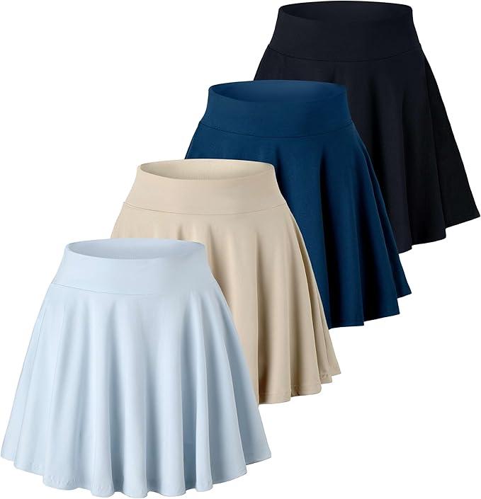 Real Essentials 4 Pack: Women's Basic Casual Stretchy Mini Skirt - Skater A-Line Flowy Flared L