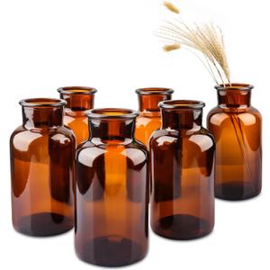 Set of 6 Amber Bud Vases, Small Glass Vases, Vintage Medicine Bottles Apothecary Jars with Brush, Flower Vases for Home Decor, Wedding Centerpieces