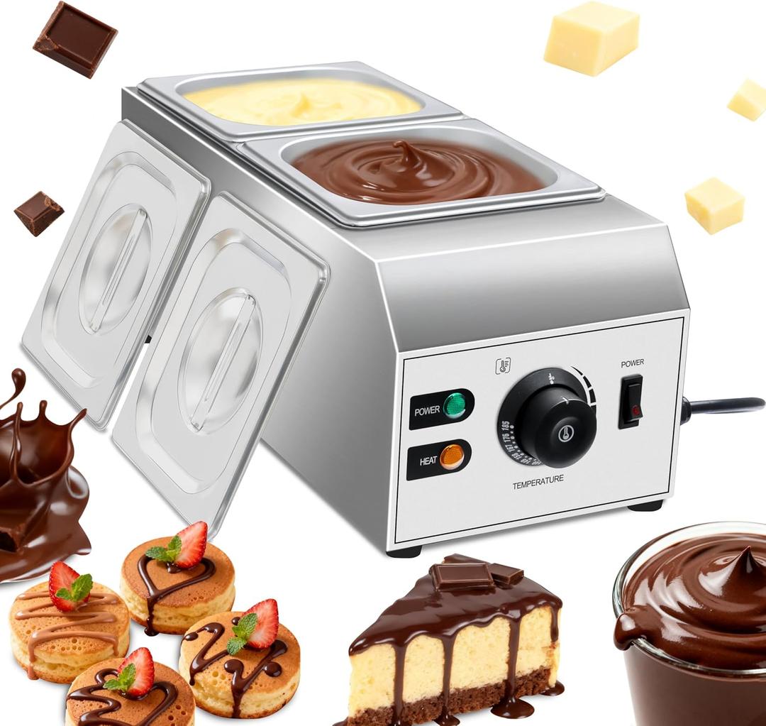 1000W Electric Chocolate Tempering Machine, Commercial Chocolate Melter with 2 Cylinders, Water Bath Heating, Adjustable Thermostat & Indicator Light, Stainless Steel Chocolate Warmer