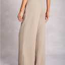 Women's Wide Leg Flowy Dress Pants High Waisted Loose Fit Work Office Trousers (Beige, L)