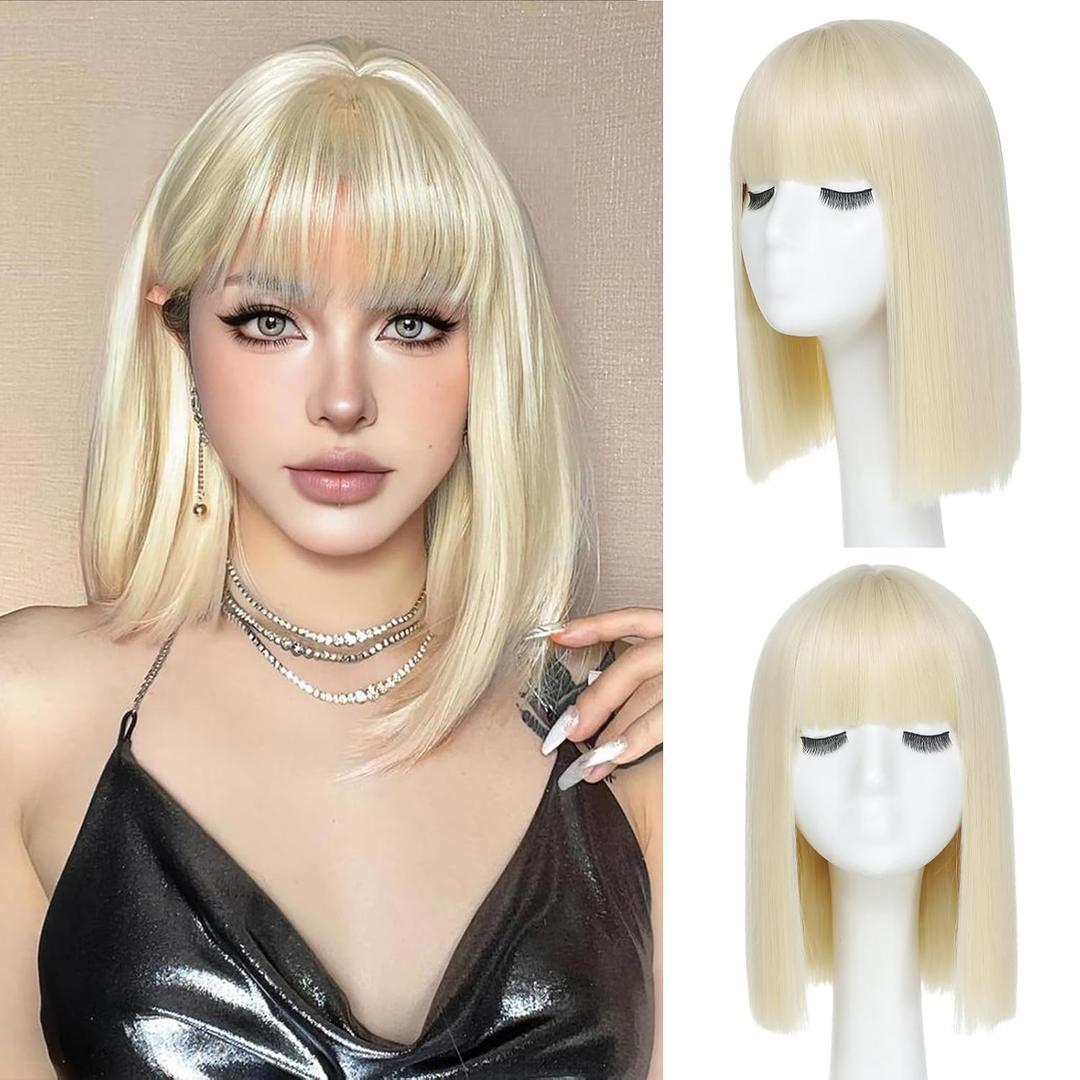 Blonde Bob Wig With Bangs - Heat Resistant 14Inch Synthetic Hair, Short Straight Shoulder Length Natural-Looking Cosplay Wig for Daily Use, Parties & Women Girls