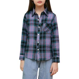 Betusline Girls' Plaid Flannel Shirt, Kids Long Sleeve Button Button Shirts Tops, F Purple & Green, 8-9 Years= Tag 150