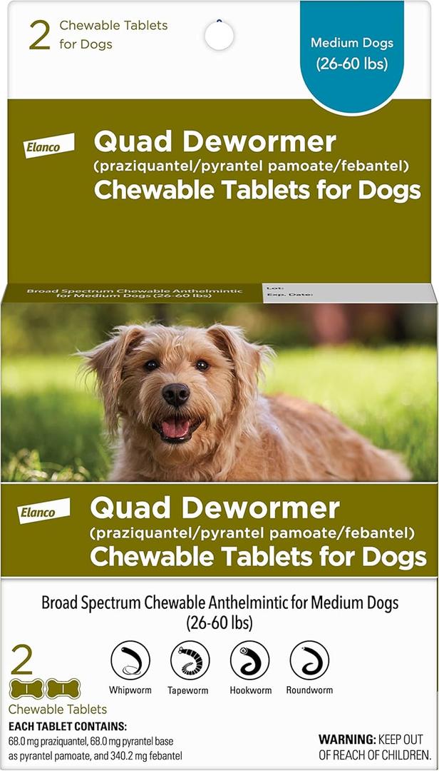 Elanco Chewable Quad Dewormer for Medium Dogs, 26-60 lbs, 2 chewable tablets