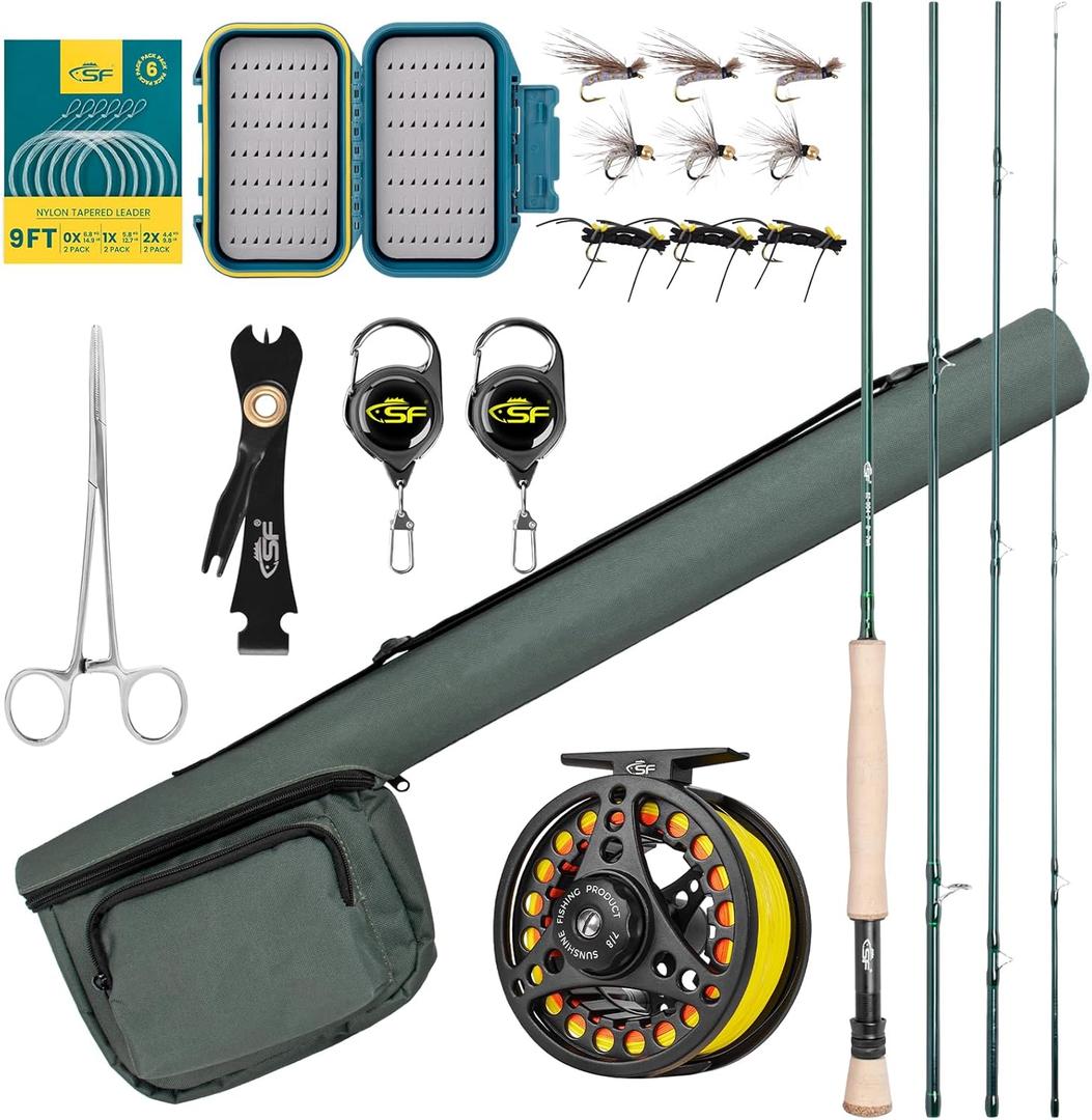 SF Fly Fishing Rod Combo Starter Kit Semi Gloss Green Jade Finish 24T Carbon Fiber Trout Travel Fly Rod with Reel,Fly Rod case,Fly Box , Flies,Tapered Leader,Knot Tying Tools (9', 7wt, 4sec, M.F)