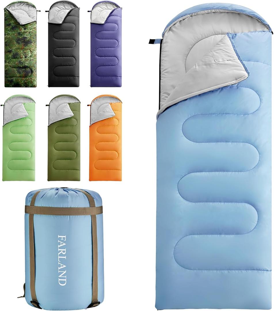 FARLAND Sleeping Bags 30 for Adults Teens Kids with Compression Sack Portable and Lightweight for 3-4 Season Camping, Hiking,Waterproof, Backpacking and Outdoors (Medium(87"x 29.5"), Sky Blue (L Zip))