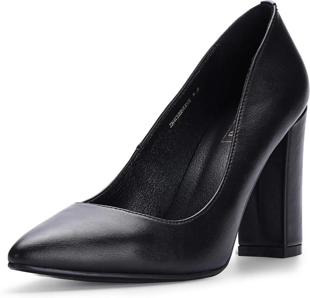 IDIFU Women's IN4 Chunky-HI Block High Heels Closed Pointed Toe Pumps Dress Office Shoes for Women (Black) 8