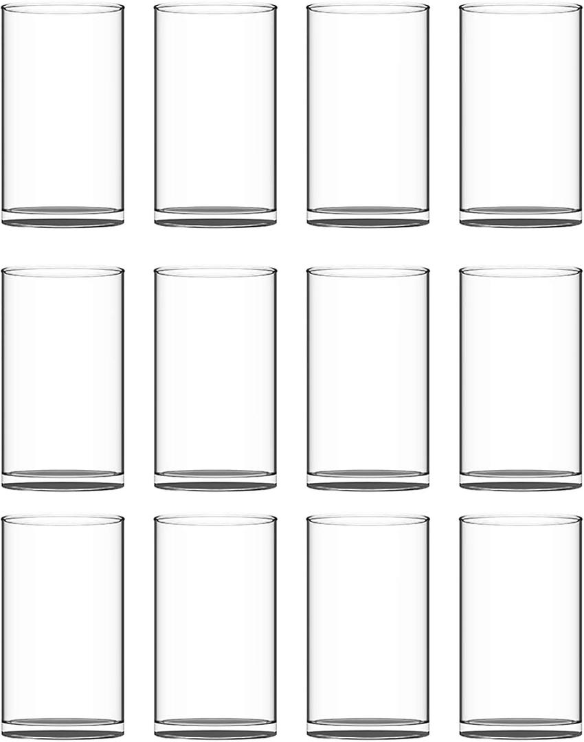 Set of 12 Clear Glass Cylinder Vases (2 Sponge Brushes Included), 3.5 W x 6 H, Flowers Vases, Decorative Centerpieces for Home, Events or Weddings
