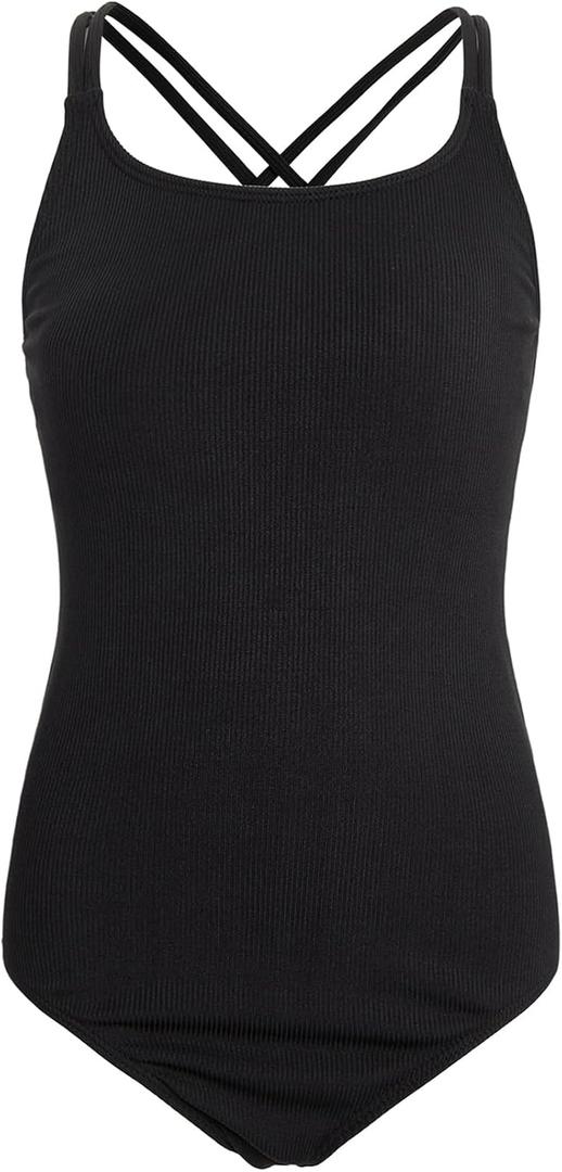 Milumia Girl's One Piece Swimsuit Cute Tie Dye Criss Cross Bathing Suit Swimwear (10 Years, Solid Black)